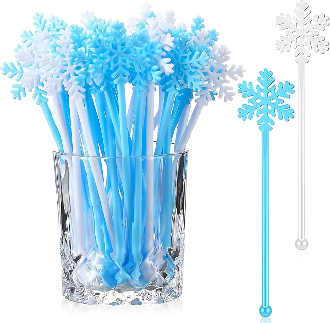 Chengu 100 Pcs Christmas Drink Stirrers Xmas Stir Sticks Bulk Holiday Coffee Stirrers Plastic Swizzle Stick Hot Cocoa Bar Supplies Chocolate Decoration Reusable Cocktail Mixer (Snowflake)