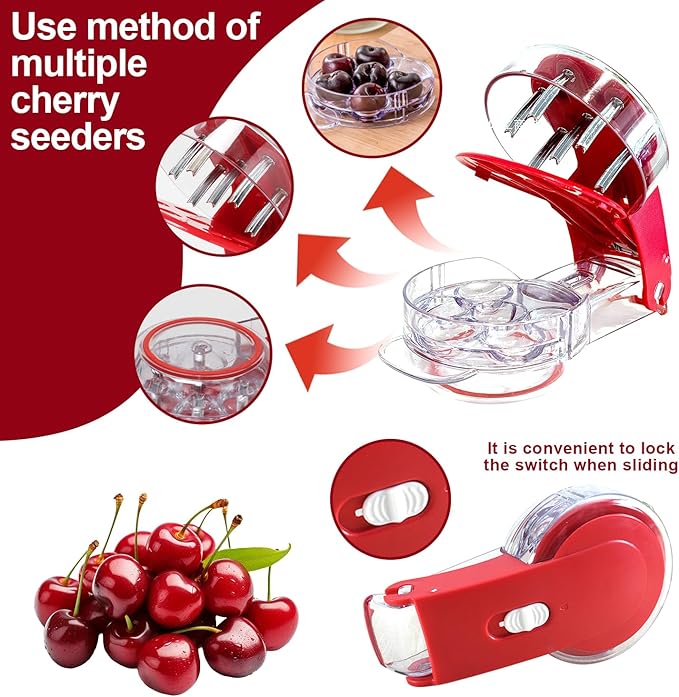 Cherry Pitter, Multi Cherry Stoner, Stainless Steel Multiple Cherry Stone Remover Tool, Cherry Seed Remover, Cherry Stone Seed Removal Core Easy Squeeze with Grip 6 Cherries Red