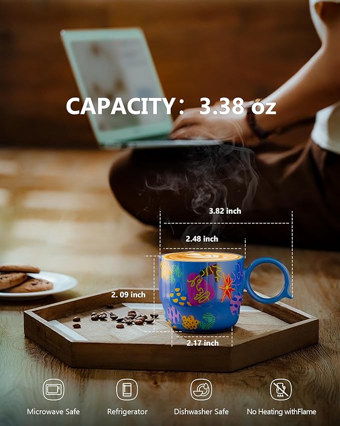 Ceramic Espresso Cups Set of 2 – Mini 3 oz Double Espresso Coffee Cups with Cute Q Handle, Floral and fruit Patterns, Small Blue Demitasse Shot Cups for Coffee Machine