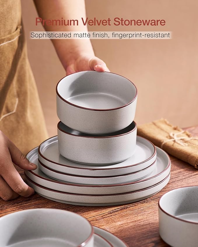 Famiware Nebula Ridge Stoneware Dinnerware Sets, Plates and Bowls Sets for 4, 12 Pieces Dishes Set, Microwave and Dishwasher Safe Kitchen Plates, Light Gray