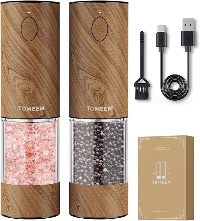 TOMEEM Upgraded Larger Capacity Electric Salt and Pepper Grinder Set Rechargeable with LED lights, Stainless Steel Automatic Pepper and Salt Grinder Refillable with 5 Adjustable Coarseness Wood Grain
