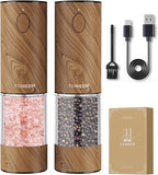 TOMEEM Upgraded Larger Capacity Electric Salt and Pepper Grinder Set Rechargeable with LED lights, Stainless Steel Automatic Pepper and Salt Grinder Refillable with 5 Adjustable Coarseness Wood Grain