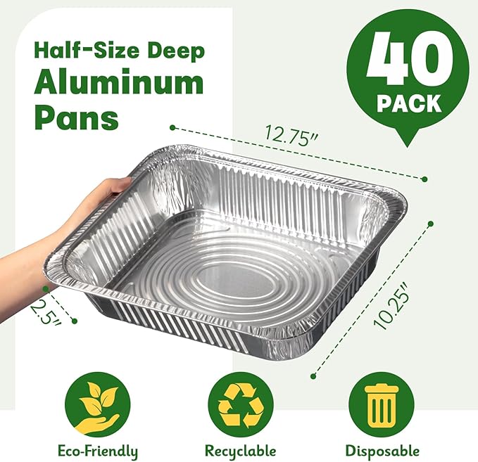 9x13 Aluminum Pans [40 Pack], Extra Heavy Duty Half Size Disposable Aluminum Foil Pans, Deep Baking Pans for Cooking, Roasting, Heating, and Steam Tables