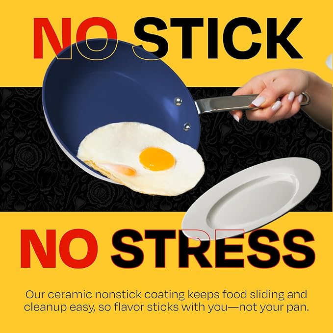 Guy Fieri's Flavortown 2-Piece Ceramic Cookware Set, Nonstick Frying Pan Set 10" and 12", Easy-Clean Kitchen Cookware, Made without PFAS PTFE PFOA, Induction Compatible, Dishwasher Safe, Blue & White