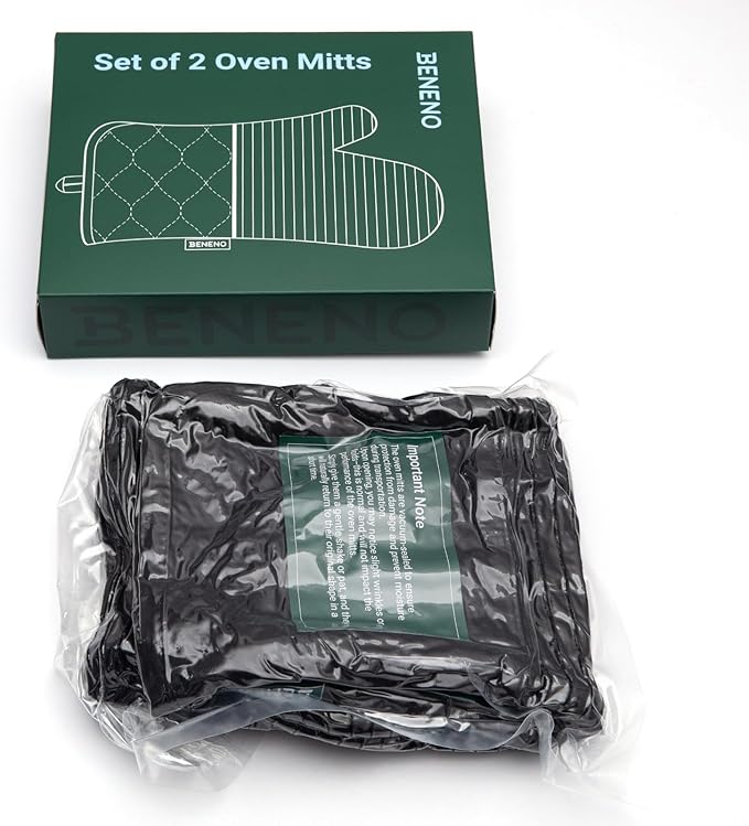 Beneno Kitchen Oven Mitts 2-Pack Heat Resistant to 500°F with Non-Slip Silicone Grip, Extra Long 14.3" Forearm Protection, Soft Quilted Cotton Terry Lining, Ideal for Cooking, Baking, Grilling, Black
