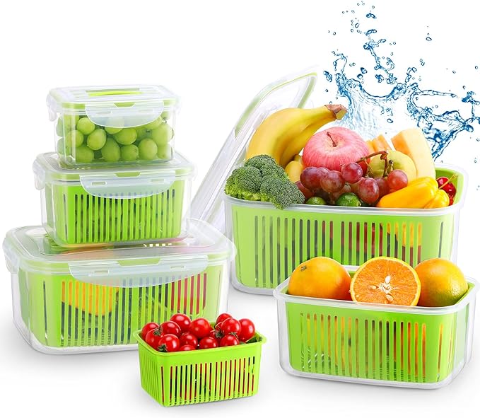 LUXEAR Fruit Vegetable Produce Storage Saver Containers with Lid & Colander 5 Packs BPA-Free Plastic Fresh Keeper Set | Refrigerator Fridge Organizer | for Salad Berry Lettuce Food Celery - Green