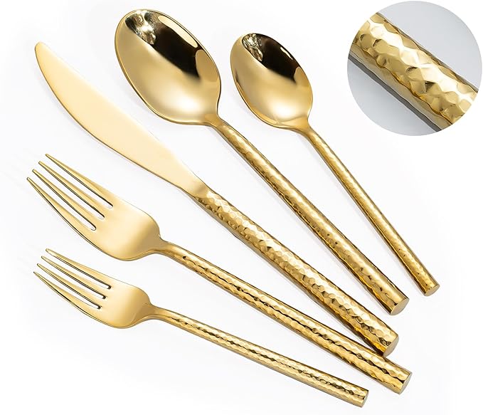 Hammered Gold Silverware Set,Zerophilo Flatware Set 20 Pieces 18/10 Stainless Steel Cutlery Set for 4 Mirror Polished,Dishwasher Safe
