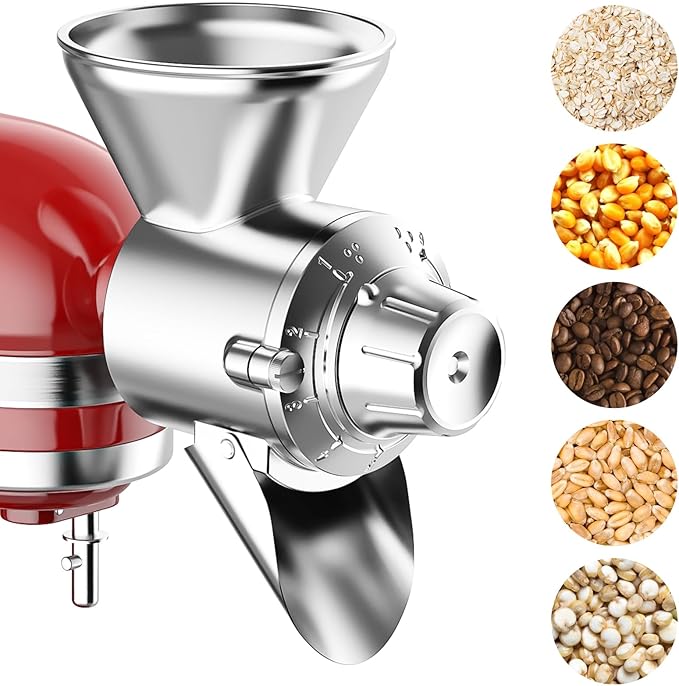 All Metal Grain Mill Attachment for Kitchenaid Stand Mixer, 9 Levels Grain Mill, Flour Mill, Fit for Non-Oily Dry Grain Corn, Coffee Bean, Buckwheat, Oats, Millet, Wheat and Other Cereals
