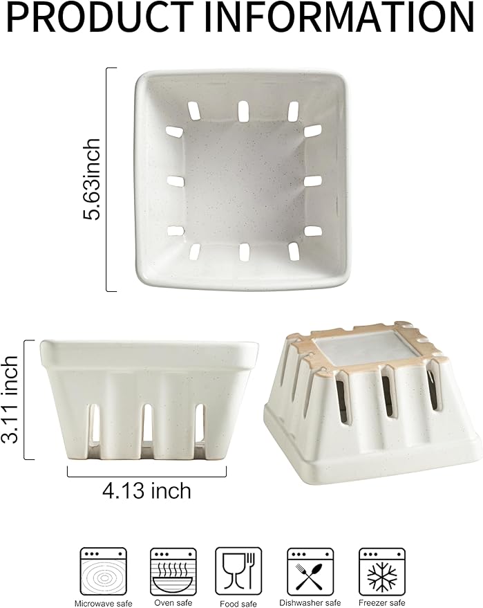 Gomakren Fruit Bowl with Holes, Ceramic Berry Basket Set of 2, 5.7 Inch Square Fruit Basket for Kitchen Counter, Rustic Berry Containers, Farmhouse Kitchen Decor - Cream White