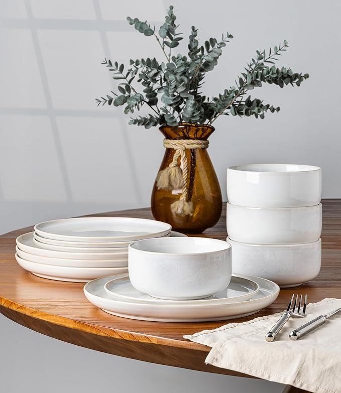 TheTerra Ceramic Dinnerware Sets for 4, 12 Pieces Handmade Reactive Glaze Plates and Bowls Set, Scratch Resistant Dish Set, Oven & Microwave & Dishwasher Safe