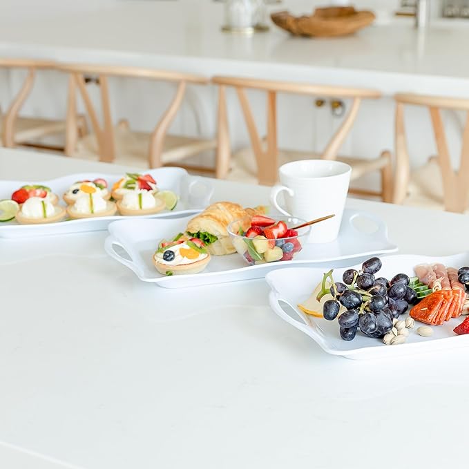 17" x 11" Melamine Large Plastic Serving Platters and Trays with Handles, Rectangular Serving Trays for Food, Dishes, Party - 3 Pcs