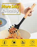 Silicone Pasta Fork and Ladle Spoon Set with Wooden Handle, Heat Resistant Non Stick Kitchen Utensils for Cooking, Stirring, Serving Spaghetti, Soup, Sauce(BLACK)