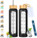 32 oz Glass Water Bottle with Straw - Motivational Time Marker & Silicone Sleeve - Reusable Tumbler Includes 2 Bamboo Lids & Fruit Infuser - 1 Pack