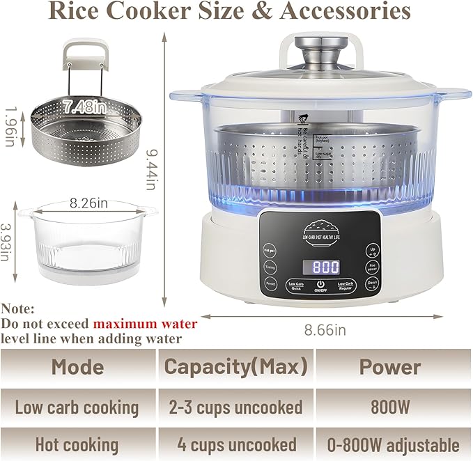 Low Carb Rice Cooker with Reservable-Timable,Low Sugar Multi Functional 3L &2 Cups for Starch Removing Glass Cooker,110v Maximum Power 800w Multi Functional Maker,Liftable Filter Basket (Beige)