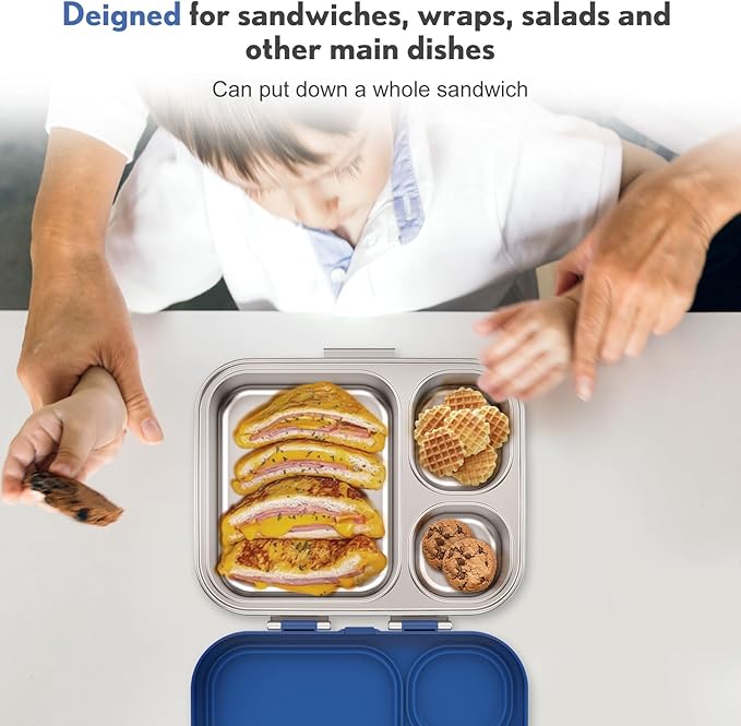 Stainless Steel Bento Box Kids, Leak Proof Metal Bento Lunch Box,3 Compartments 304 Stainless Steel Bento Lunch Containers for School and Office,Dishwasher Safe, BPA-Free(Blue)