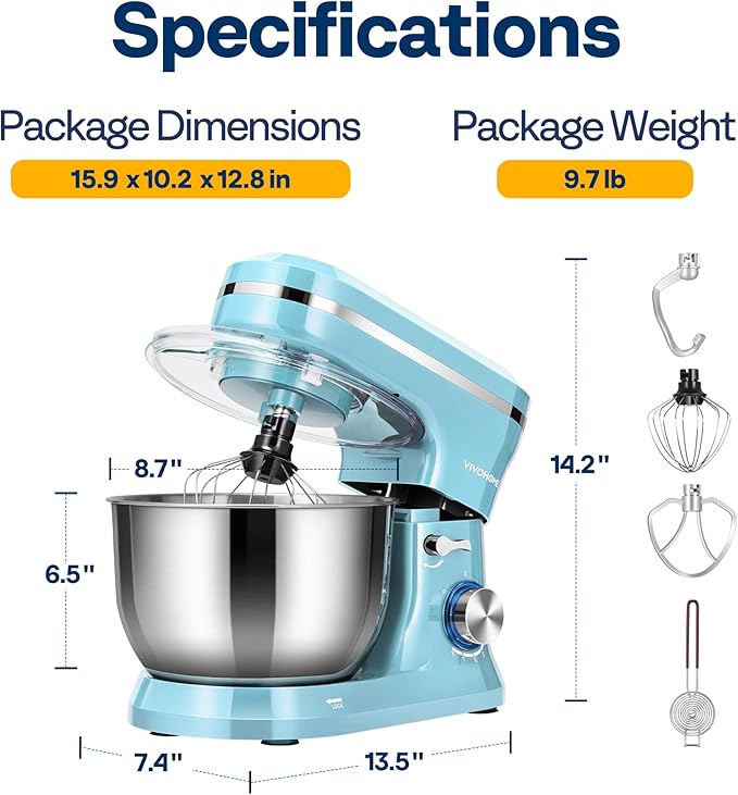 VIVOHOME 4.75 Quart Stand Mixer, 8 Speed Kitchen Electric Food Mixer, Household Stand Mixer for Baking, Cake, Bread with Beater, Dough Hook, Wire Whip and Egg Separator, Blue