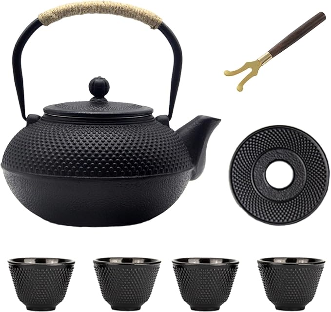 Big Cast Iron Teapot, Japanese Tetsubin Tea Kettle for Stovetop Safe, Cast Iron Teapot with Stainless Steel Infuser for Loose Tea and a Fully Enameled Interior (1500ml Tea Set with Cups)
