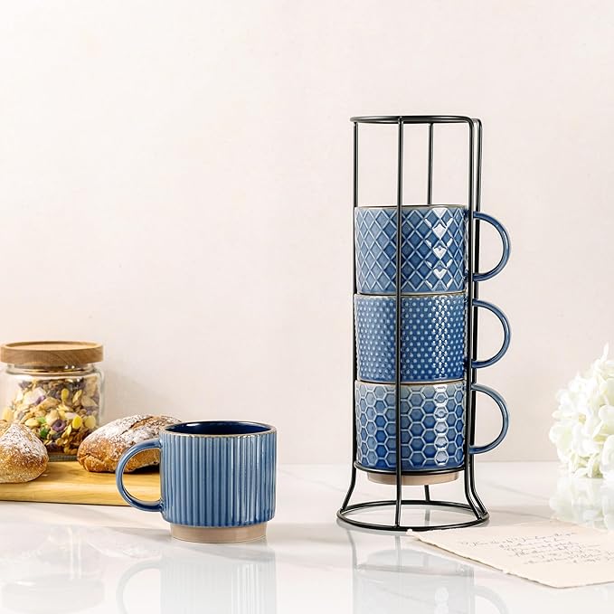 GBHOME 12OZ Stackable Coffee Mugs with Stand, Ceramic Coffee Mugs with Texture Patterns for Man,Woman,Dad,Mom, Modern Coffee Cups Set of 4 for Latte/Cappuccino/Cocoa. Dishwasher&Microwave Safe, Blue