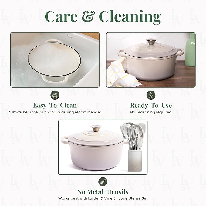 Larder & Vine Enameled Cast Iron 5.7 qt Dutch Oven Pot with Lid | Dutch Oven | Compatible on All Cooktops & Oven Safe to 500° F | Great for Sourdough Bread | Stone