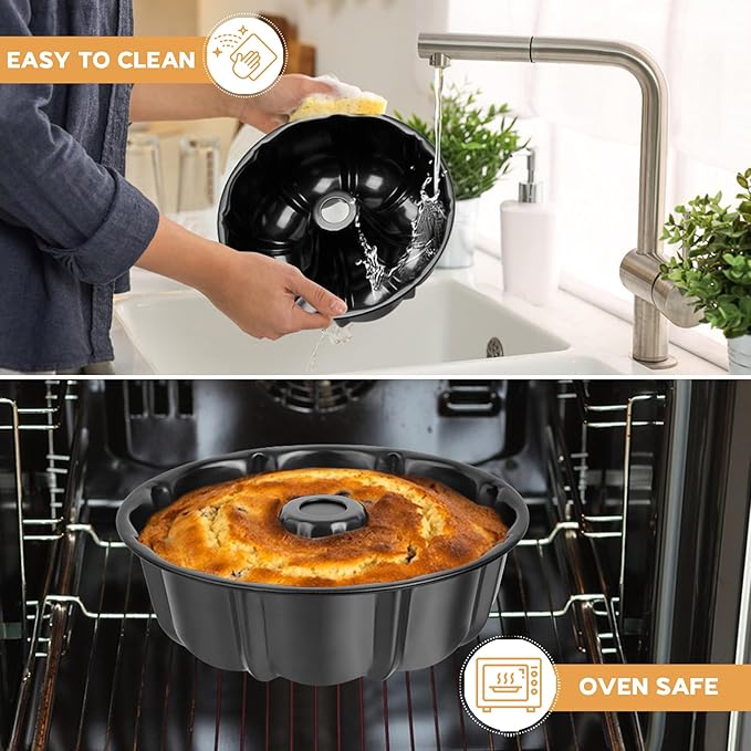 Onader 10 Inch Cake Pan, Non-Stick Round Fluted Tube Pan for Baking Pound Cake, 10 Cups Large Heavy Duty Carbon Steel Baking Mold Bakeware, Black