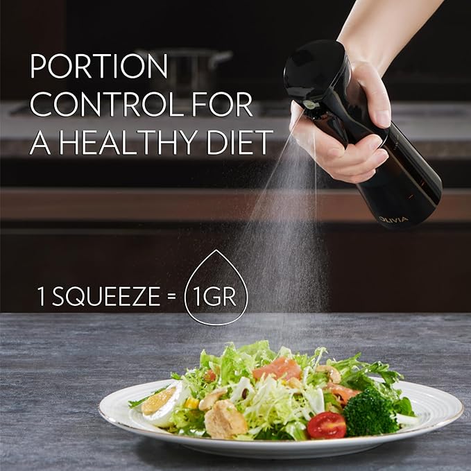 FLAIROSOL OLIVIA Oil Sprayer for Cooking, 200ml Glass Olive Oil Sprayer, Continuous Cooking Spray Dispenser with Portion Control for Kitchen, Air Fryer, Salad, BBQ (Black Bottle, Gold Print)