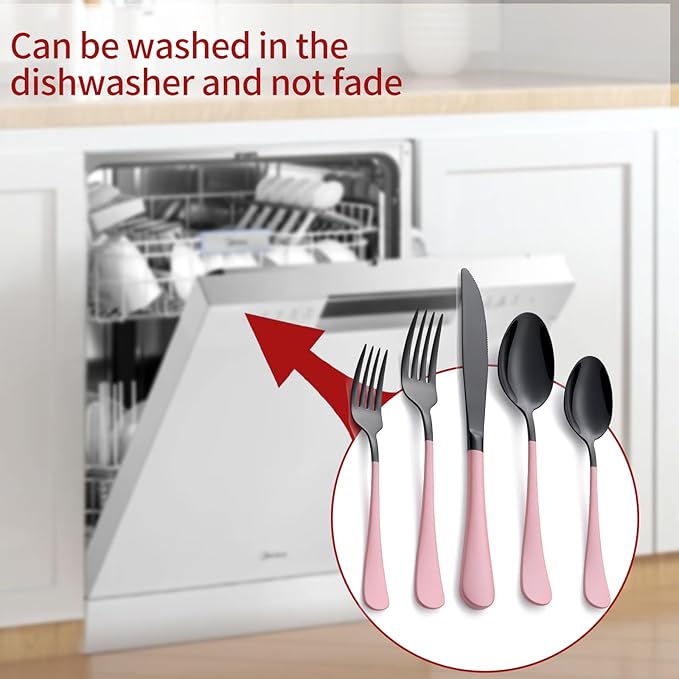 20-Piece Black and Red Silverware Set 18/0 Stainless Steel Flatware Warm Pink Handle Cutlery Set Service for 4 Dinner Knives Forks Spoons Set Mirror Finish Dishwasher Safe