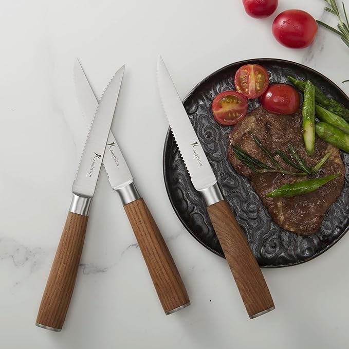 Natura Series 4.5” Serrated Steak Knife Set of 8, High Carbon Stainless Steel, Wooden Handle