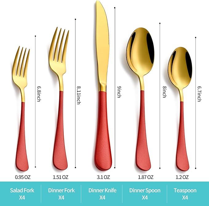20-Piece Gold and Red Silverware Set for 4, 18/0 Stainless Steel Flatware Cutlery Utensils Set, Include Dinner Knives,Dinner Forks,Dinner Spoons,Salad Forks,Teaspoons,Dishwasher Safe…, ZT-2223