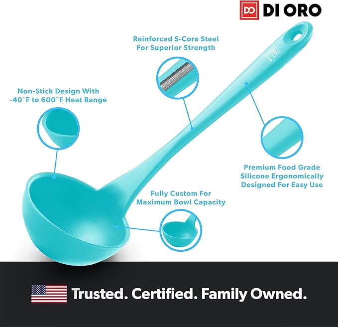 DI ORO Silicone Ladle - Heat-Resistant Large Kitchen Soup Spoon for Cooking & Serving - Nonstick Cookware Safe With Wide Bowl - Dishwasher Safe Utensil (Teal)