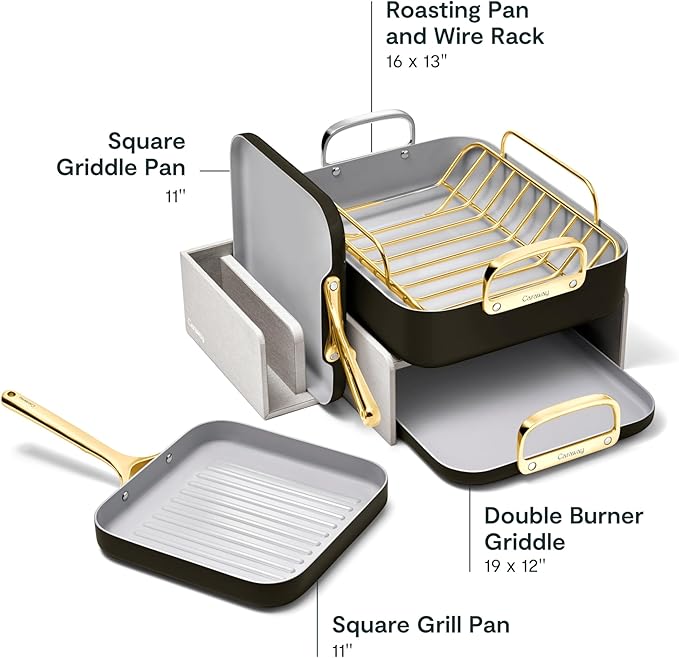 Caraway Square Cookware Set - Square Pans Set - Perfect for Griddling, Toasting, Searing, Roasting, and More - Non-Stick Ceramic Coated Pans - Non Toxic, PTFE & PFOA Free - Black