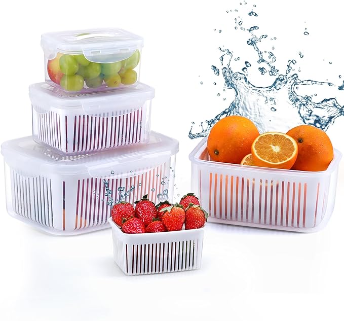 LUXEAR Fruit Vegetable Produce Storage Saver Containers with Lid & Colander 4 Packs BPA-Free Plastic Fresh Keeper Set | Refrigerator Fridge Organizer | for Salad Berry Lettuce Food Meat Fish Celery