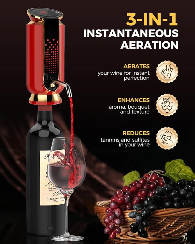 Luxurious 3-in-1 Electric Wine Aerator, Decanter, Dispenser & Vacuum Pump. Touch Screen LED Display - Wine Preservation System with Temp Monitor, Gift for Wine Lovers Women Men (Red)