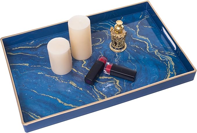 MAONAME Decorative Tray, Plastic Marbling Tray with Handles, Rectangular Coffee Table Trays and Serving Trays for Ottoman, Bathroom, 15.7” x 10.2”, Blue
