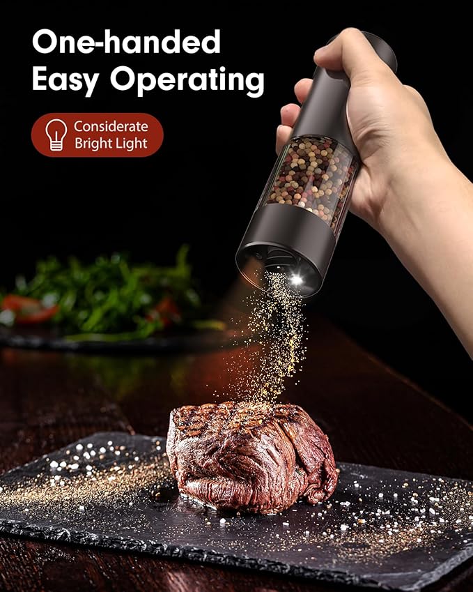 TOMEEM Upgraded Larger Capacity Electric Salt and Pepper Grinder Set Rechargeable with LED lights, Stainless Steel Automatic Pepper and Salt Grinder Refillable with 5 Adjustable Coarseness Black