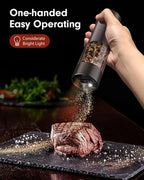 Upgraded Larger Capacity Electric Salt and Pepper Grinder Set Rechargeable with LED lights, Stainless Steel Automatic Pepper and Salt Grinder Refillable with 5 Adjustable Coarseness Black - White