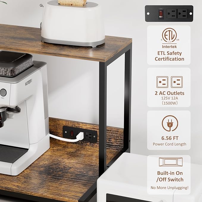 Mini Fridge and Microwave Stand over Refrigerator Storage Shelf with Power Outlet, 5 Tiers Adjustable Bakers Rack Cabinet Coffee Bar Appliance Organizer for Dorm Office,Brown