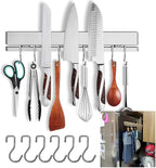 12 Inch Magnetic Knife Holder for Refrigerator with 6 Hooks - Double Sided Magnetic Knife Strip for Fridge - Premium Magnetic Knife Bar Rack - 304 Stainless Steel Kitchen Utensil Hanger