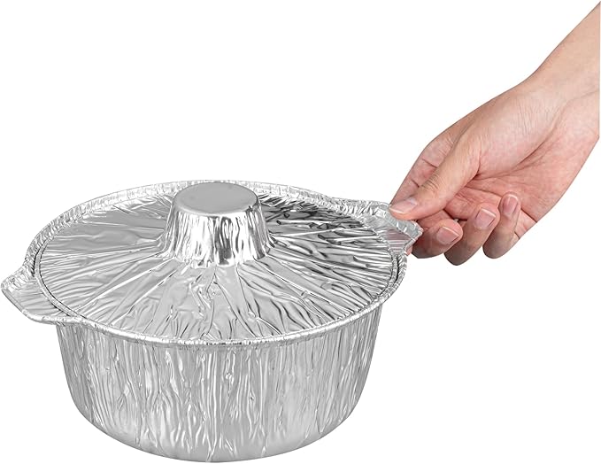 Foil Lux 60 Ounce Pans And Lids, 10 Disposable Pots With Lids - Oven-Ready, Stove Compatible, Aluminum Foil Baking Pans, Freezable, For Outdoor Camping, Vacation, Picnic, And More - Restaurantware