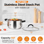 P&P CHEF Stainless Steel Stock Pot, 5 Qt Cooking Soup Pot with Visible Lid for Pasta, Tri-Ply Bottom & Dual Heatproof Handles, For Induction Gas All Stoves, Non-Toxic & Dishwasher Safe