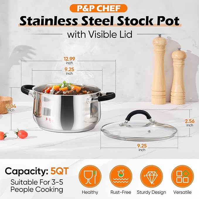 P&P CHEF Stainless Steel Stock Pot, 5 Qt Cooking Soup Pot with Visible Lid for Pasta, Tri-Ply Bottom & Dual Heatproof Handles, For Induction Gas All Stoves, Non-Toxic & Dishwasher Safe
