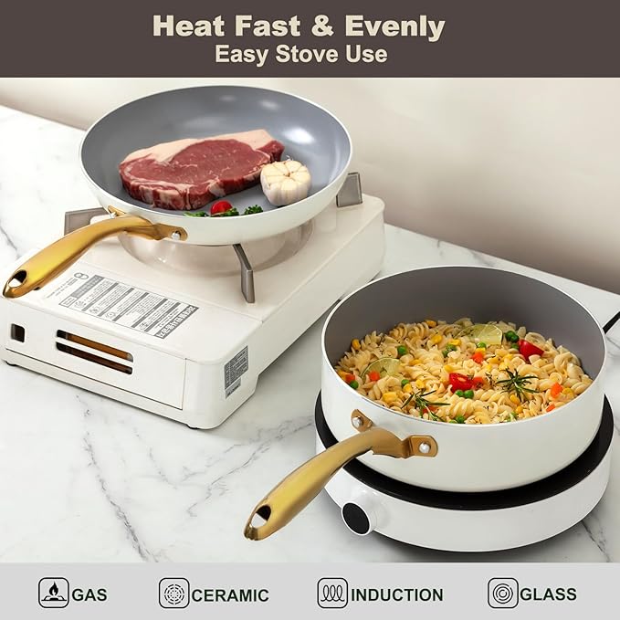 ceramic cookware set,Healthy,Non Toxic,Pots and Pans Set non stick,14-Pcs Kitchen induction cooking Sets, nonstick Pot and Pan Set with silicione Utensils,PFOS/PFOA Free,Cream and Gold