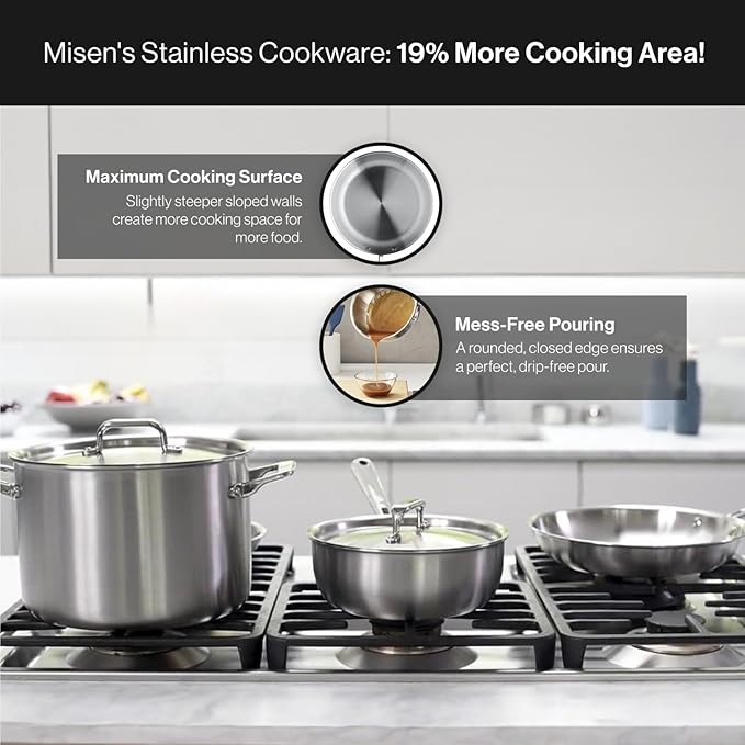 Misen 5-Ply Stainless Steel Cookware Set - Versatile, Dishwasher Safe - 12-Piece Set - 10" Skillet, 12" Skillet, 3 QT Saute Pan & 6 QT Rondeau + Lids, 2 QT & 3 QT Saucier + Lids, 8 QT Stockpot + Lid