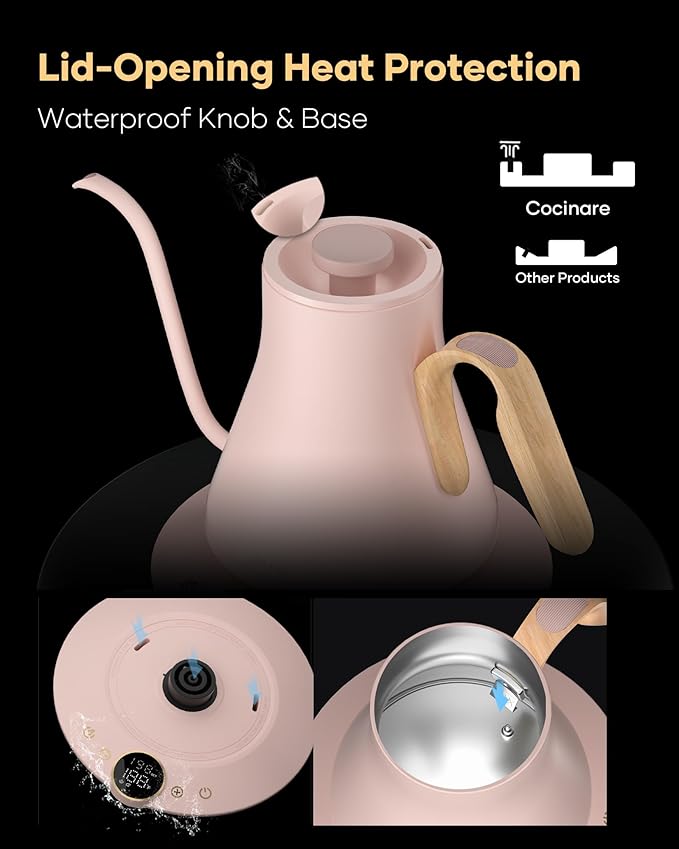 Cocinare FLOW B9 Gooseneck Electric Kettle, Precise Temperature Control for Pour-Over Coffee & Tea Brewing, Stainless Steel Interior, Rapid Heating for Boiling Water 1500W/0.9L (Munch Pink)