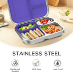 Stainless Steel Kids Leak-Resistant Bento Lunch Box, 3-Compartments with Silicone Container, Dishwasher-Safe, Child-Friendly Design for School, Picnics & Travel,BPA-Free(Purple)