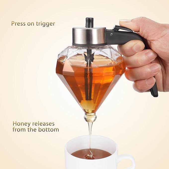 Glass Honey Dispenser, No Drip Honey Dispenser with Stand Diamond Shaped Honey Pot, Beautiful Syrup and Sugar Jar