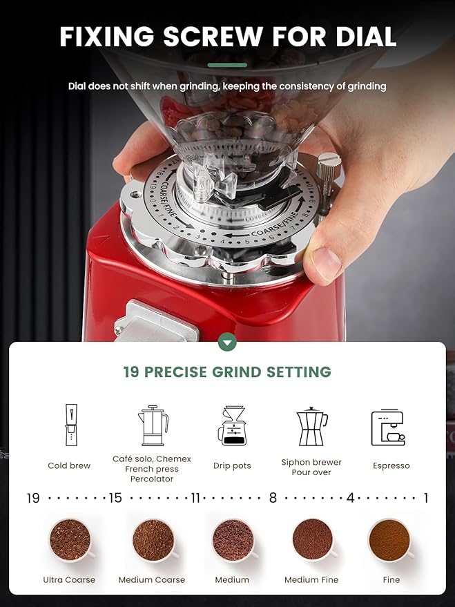 Huanyu Burr Coffee Grinder- Stainless Steel Flat Burr, 19 Precise Grind Settings, 35oz Capacity and Dual Dosing for Espresso, Hand Punch, French Press Red