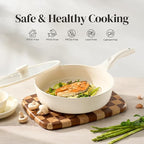 Redchef Ceramic Frying Pan with Glass Lid, Nonstick Deep Saute Pan for All Stovetops, Healthy Cooking Pan, Ergonomic Handle, Fast Even Heating, Splatter Prevention, Oven Safe, Beige (5.2Qt, 12")