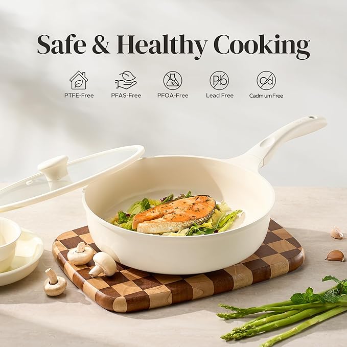 Redchef Nonstick Deep Frying Pan with Lid, Ceramic Saute Pan Skillet, PFOA PFOS Free, Induction Compatible, Stay-Cool Helper Handle, Tempered Glass Cover, Dishwasher Safe, Beige (3.7Qt, 10")