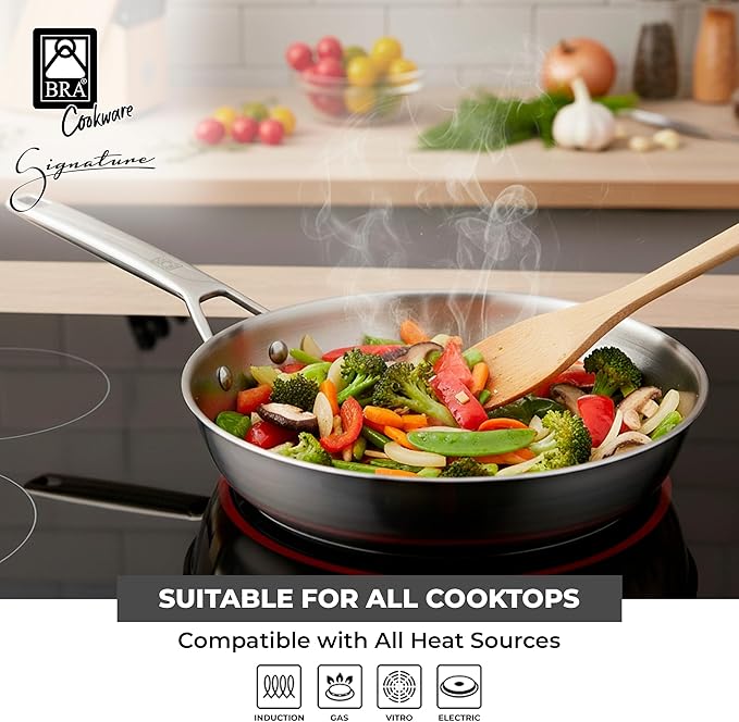 BRA COOKWARE Signature Deep Frying Pan | 8 inches Professional High Skillet | Stainless Steel Deep Frying Pan | All Stovetop Compatible | PFOA Free | w/o Non-Stick Coating | Polished Finish