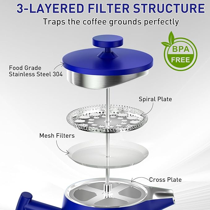 Secura 50oz French Press Coffee Maker – 304 Stainless Steel, Insulated Coffee Press with Extra Filter, Blue